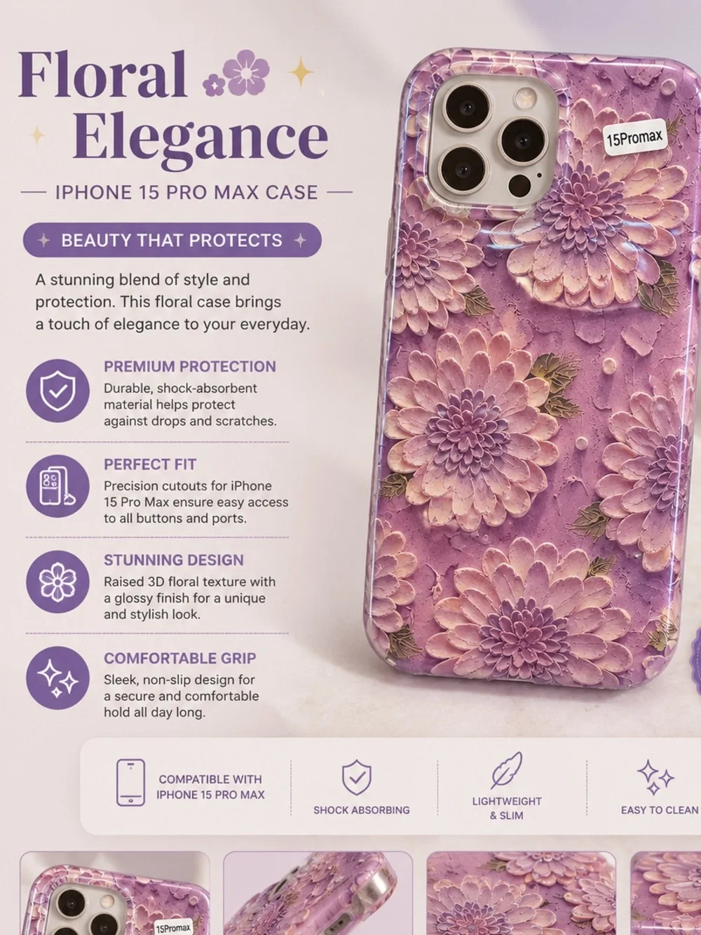 Floral Elegance Purple iPhone 15 Pro Max Protective Case